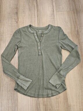 Aerie Olive Green Waffle Knit Henley Top Women XS Long Sleeve Thermal Shirt